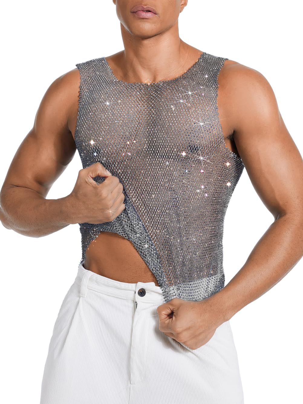 ChiaoLezhee Rhinestones Rave Outfits, Sparkly Mesh Tank Tops, Men's Sexy Sheer Fishnet Shirt for Music Festival