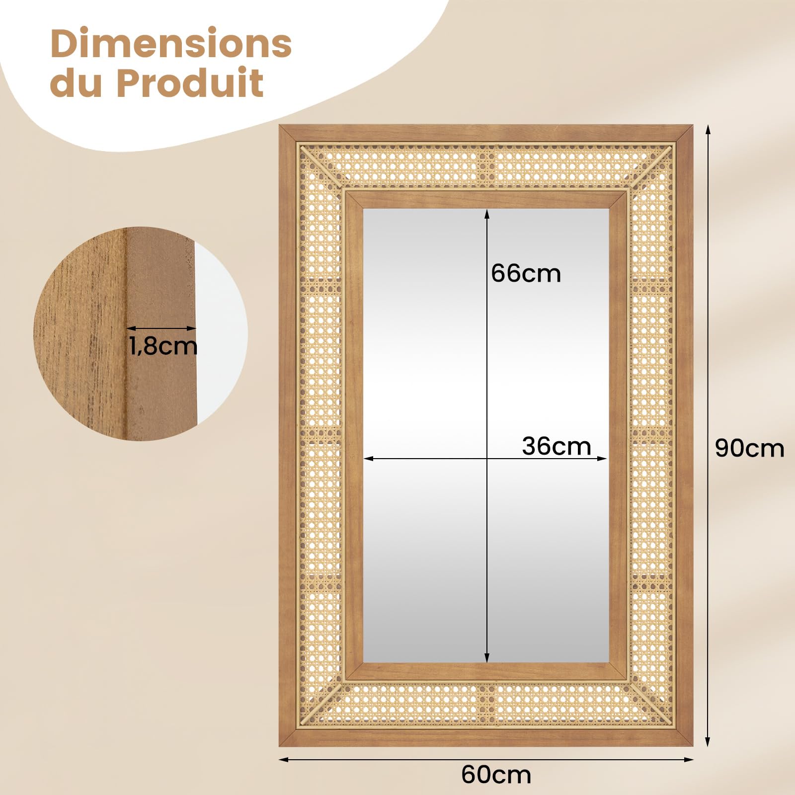 COSTWAY Miroir Mural en Rotin, Miroir Rectangulaire 90 x 60 cm, Cadre en Bois, Verre en Aluminium, Crochets et Vis d'Expansion, Miroir Decoration Murale pour Salon Chambre Entrée, Vertical/Horizontal
