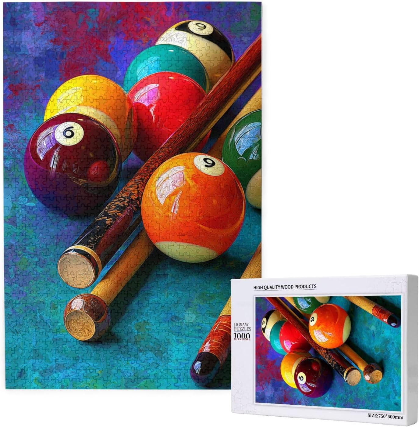 Vibrant Pool Table Art with Numbered Balls and Sticks,1000 Pieces Adult Wooden Jigsaw Puzzle, Funny Artwork for Adult,Challenging Brain Exercise,Forget The Troubles of Life