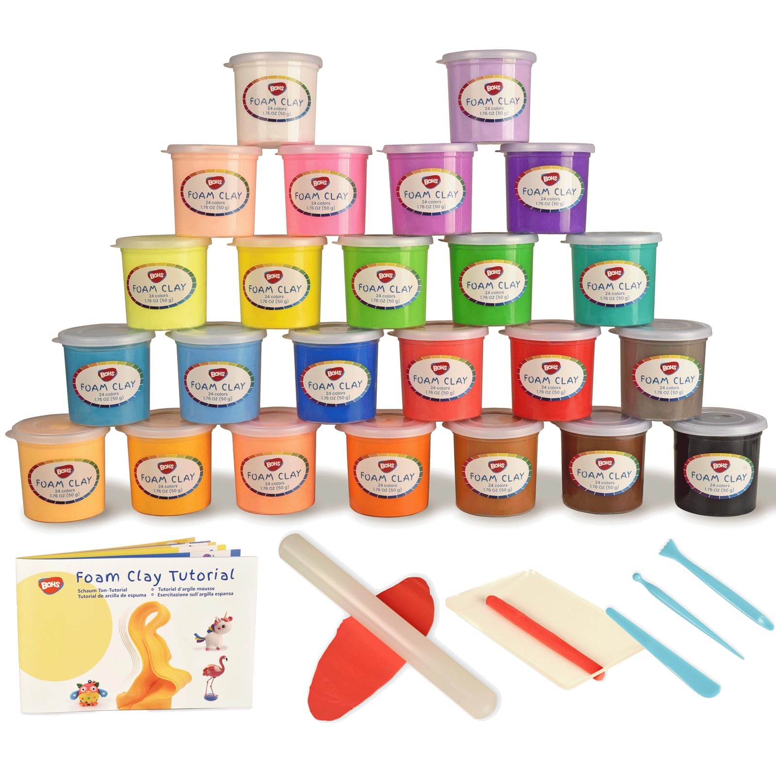 BOHS Kit Argilla Modellabile - 24 Colori con Utensili, Rullo e Foglio - per Arti e Mestieri Scolastici - 1,2 Kg, Età 3+