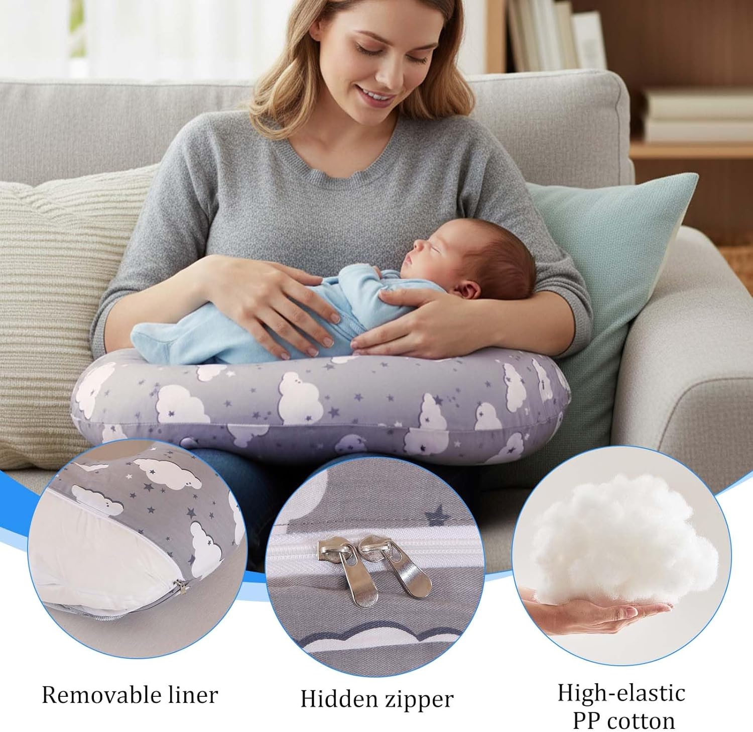 Nursing Pillow, Breast Feeding Pillows for Women, Removable Cotton Cover with Breathable Firm Fill, Baby Feeding Pillow for 0-12 Months, Breastfeeding Pillows, Machine Washable (Clouds)