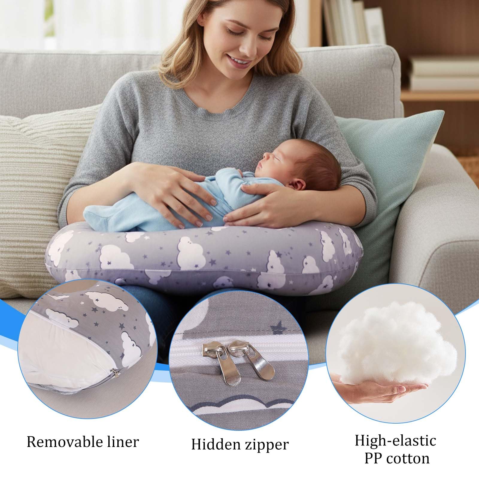 SHANNA Coussin d'allaitement en Coton, Coussin de Grossesse Multifonctionnel pour Maman et Bébé, Remplissage en Fibres, Soutien Ergonomique (Motif 2 Nuages et Étoiles)