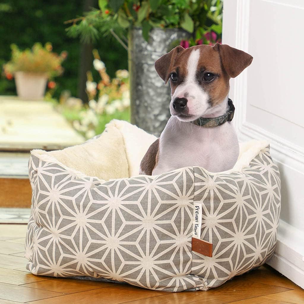 Pet Brands Small Dog Cat Snuggle Bed, Grey Geometric Dog Pet Snuggle Sack with Warm Plush Inner - 45x45x23cm