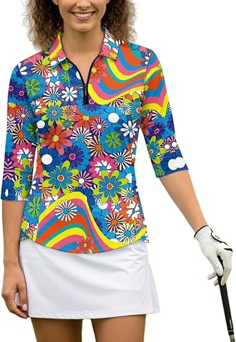 Womens Golf Polo Shirts 3/4 Sleeve Collared V Neck Tennis Shirt Summer Quick Dry Moisture Wicking 1/4 Zip Golf Top