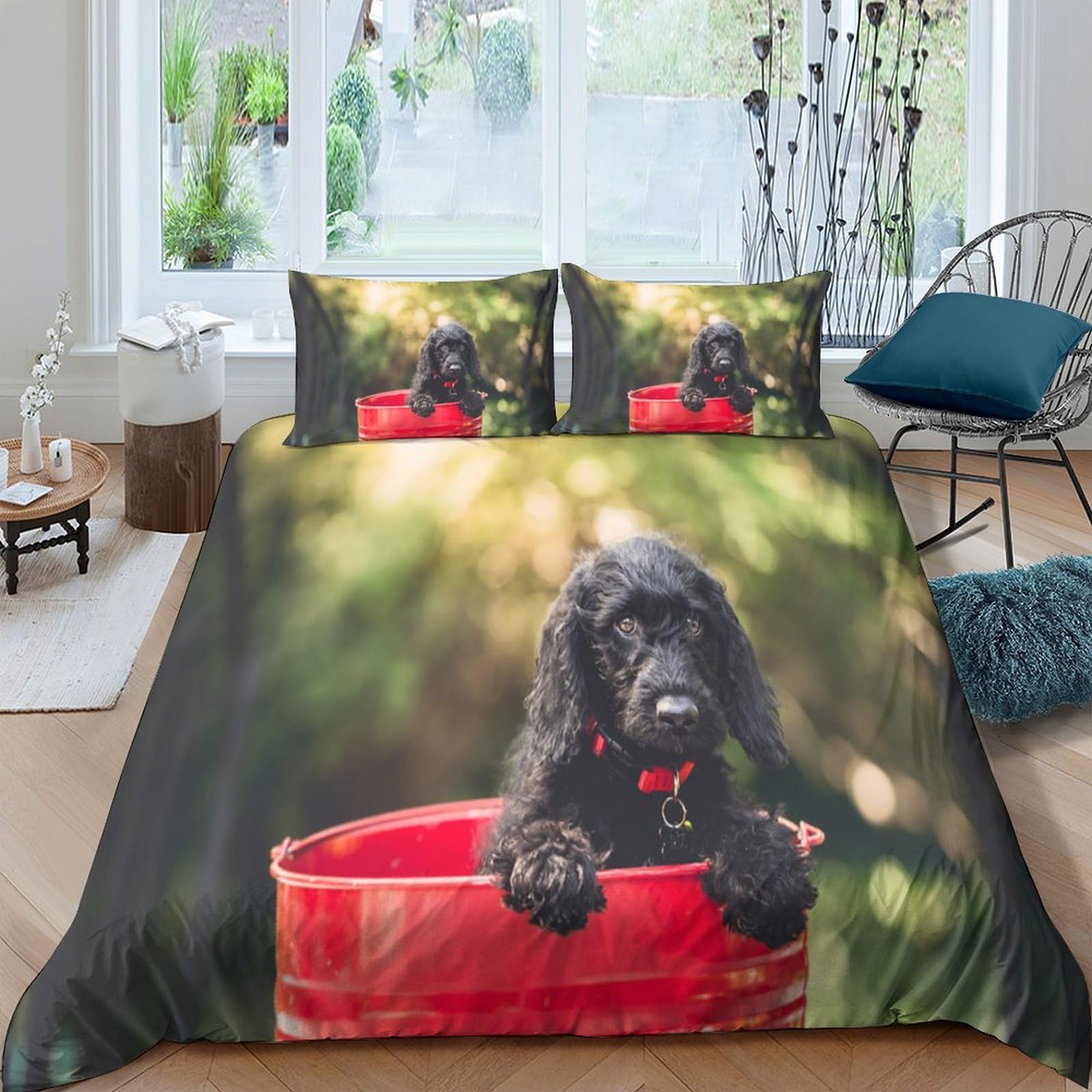 GPLZQXKJNH 3D Printed Black Puppy Duvet Cover Microfiber Soft Breathable Red Bucket Bedding Set with 2 Pillowcases for Bedroom Decor Single（135x200cm）