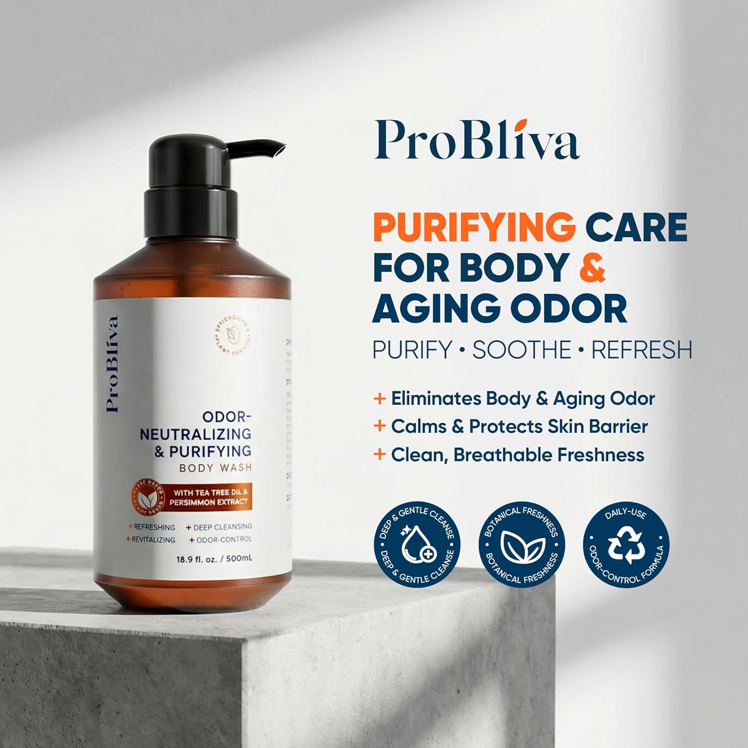 ProBliva Persimmon Body Wash for Aging Odor: Purifying & Deodorizing Body Wash for Older People Smell with Tea Tree Oil & Green Tea - Japanese Odor-Control Eliminator for Adults & Seniors - 33.8 fl.oz