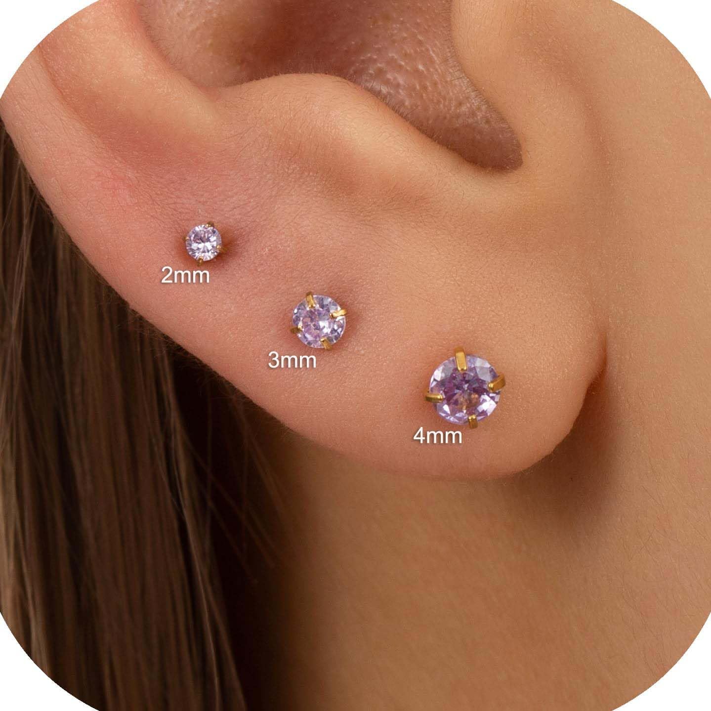 Hypoallergenic Gold Flat Back Stud Earrings for Women - 3 Pairs White/Purple/Pink CZ Screw Back Earrings Set for Cartilage, Helix, Earlobe & Multiple Piercings, Surgical Stainess Steel Safe for Sensitive Ears - Image 4