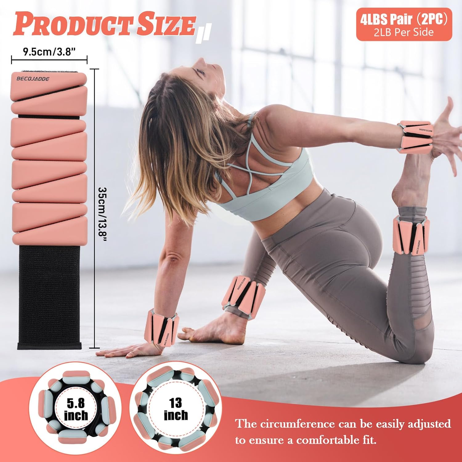 BECOJADDE Ankle Weights Set of 2 (1 lb/2 lb/3 lb Each) Adjustable Wrist Weights for Women Men Wearable Arm Leg Weight for Pilates, Running, Walking, Workout, Yoga