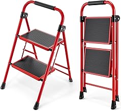 KINGRACK 2 Step Folding Ladder With Non-Slip Wide Pedal, Handle, Sturdy Steel Construction - Lightweight and Portable, Red