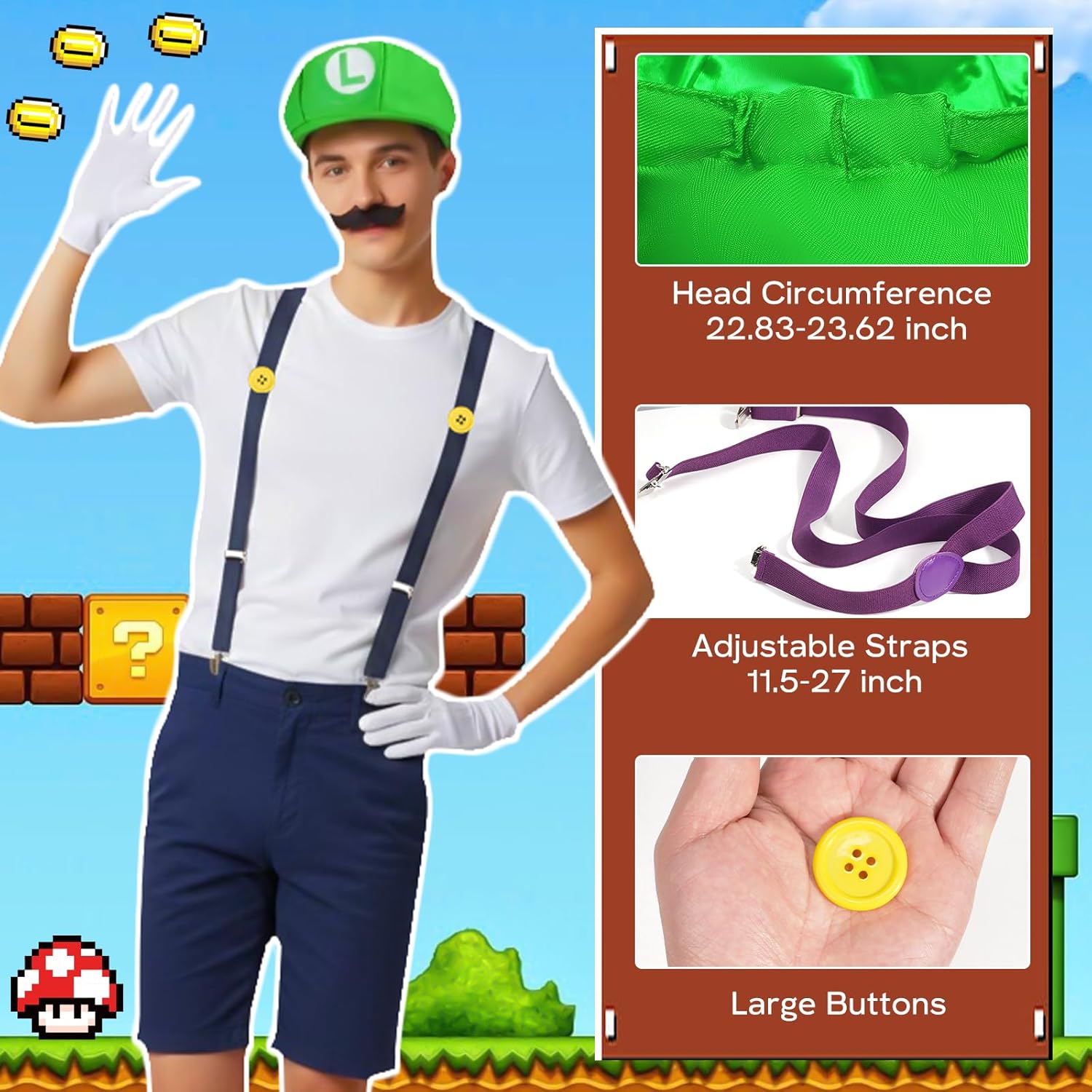 4Pcs Super Sisters Style Costume Accessories Set - Color Character Hats, soccer socks, Mustaches, tutu skirts, Gloves & Buttons for 4 Person Group Halloween Cosplay Party