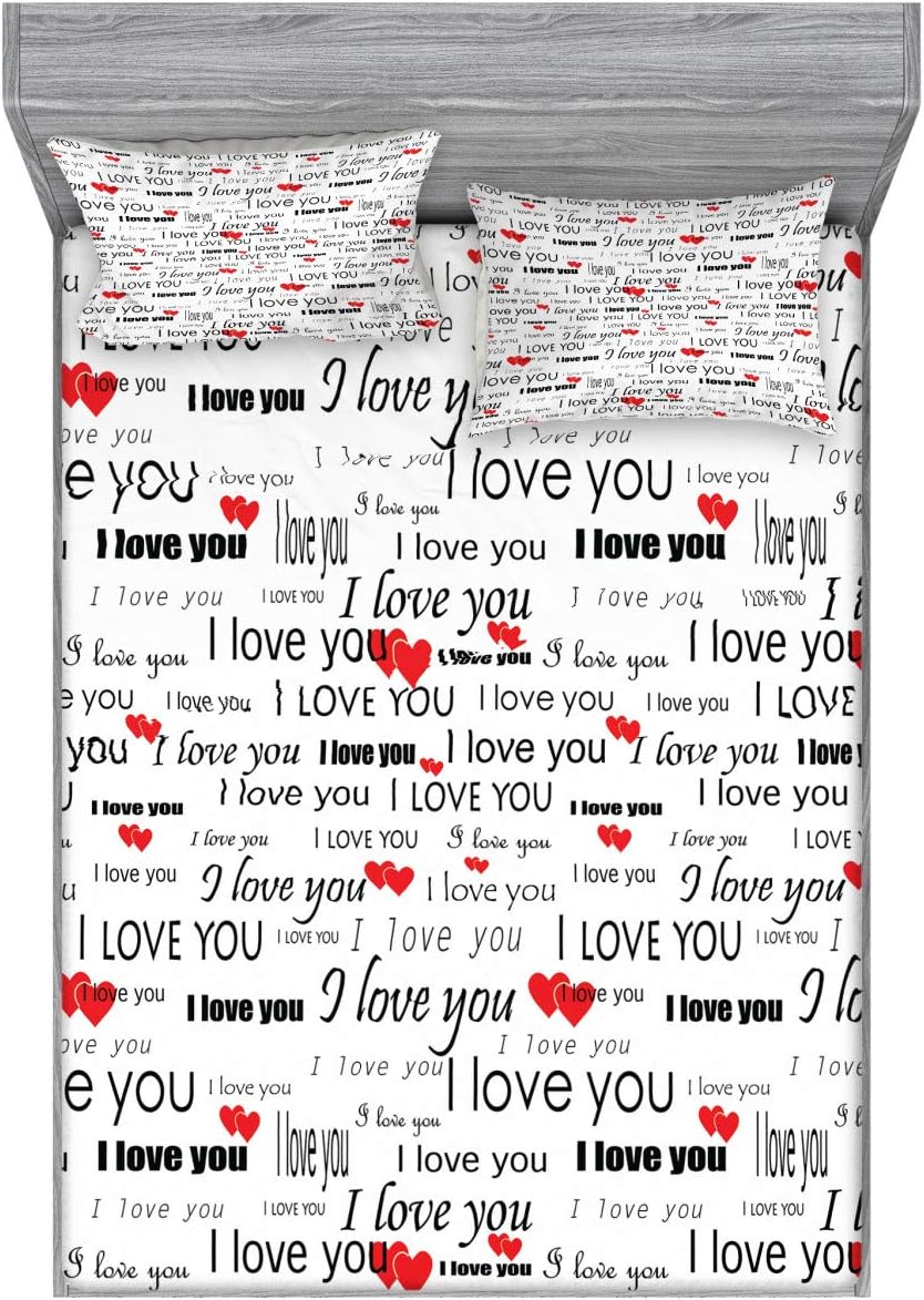 Ambesonne Romantic Fitted Sheet & Pillow Sham Set, I Love You Words Hearts Romance Couple Valentine Plain Backdrop, Decorative Printed 3 Piece Bedding Decor Set, Queen, Vermilion White