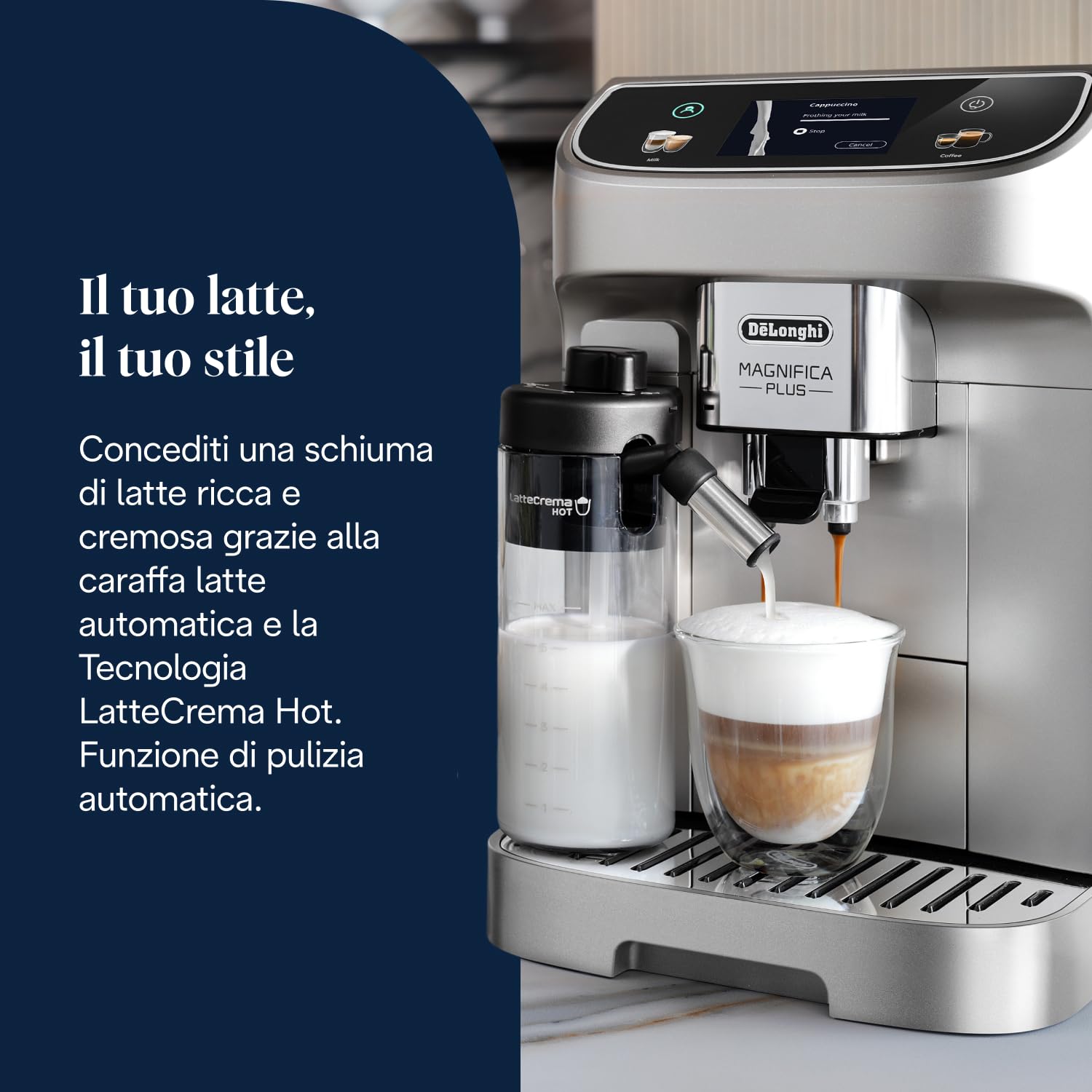 De’Longhi Magnifica Plus – Perfetto Macchina da Caffè Automatica, LatteCrema Montalatte Automatico, 18 Bevande in un Solo Tocco, Display Touch a Colori, Argento e Nero (ECAM322.70.SB)