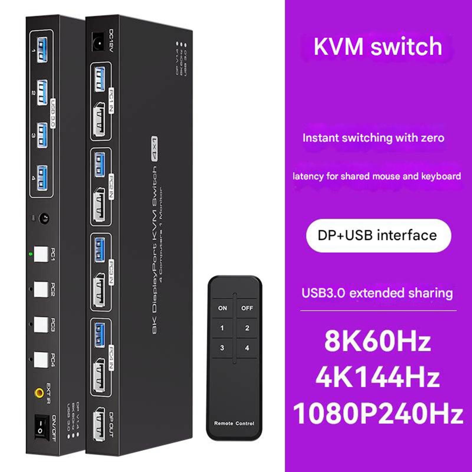 4-portowy przełącznik KVM z HDMI/DP, 8K 60 Hz, jeden zestaw myszy i klawiatury do sterowania czterema komputerami hosta współdzielonymi jednym monitorem; urządzenie do udostępniania drukarki
