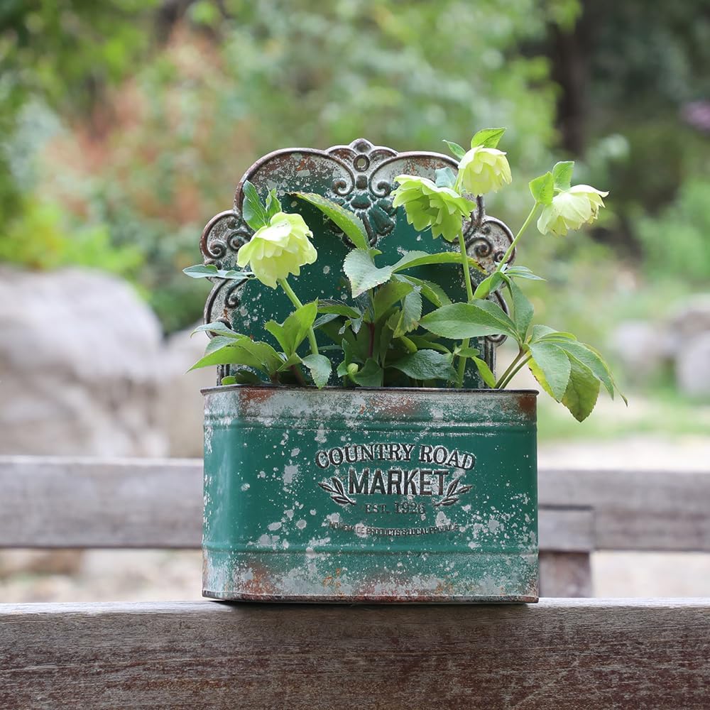 All Chic Set of 2 Metal Hanging Wall Planters Outdoor Indoor Mail Wall Mounted Planter Antique Shabby Chic Wall Decor (Green)