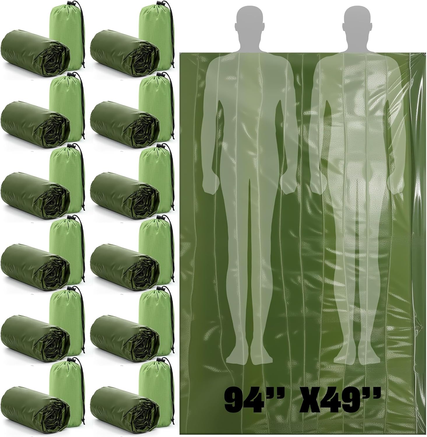 Mixweer 12 Pcs Emergency Sleeping Bag Portable Survival Thermal Bivy Sack Lightweight Emergency Shelter for Homeless People Waterproof Bivy Bag for Camping Hiking Adventure Outdoor, Green