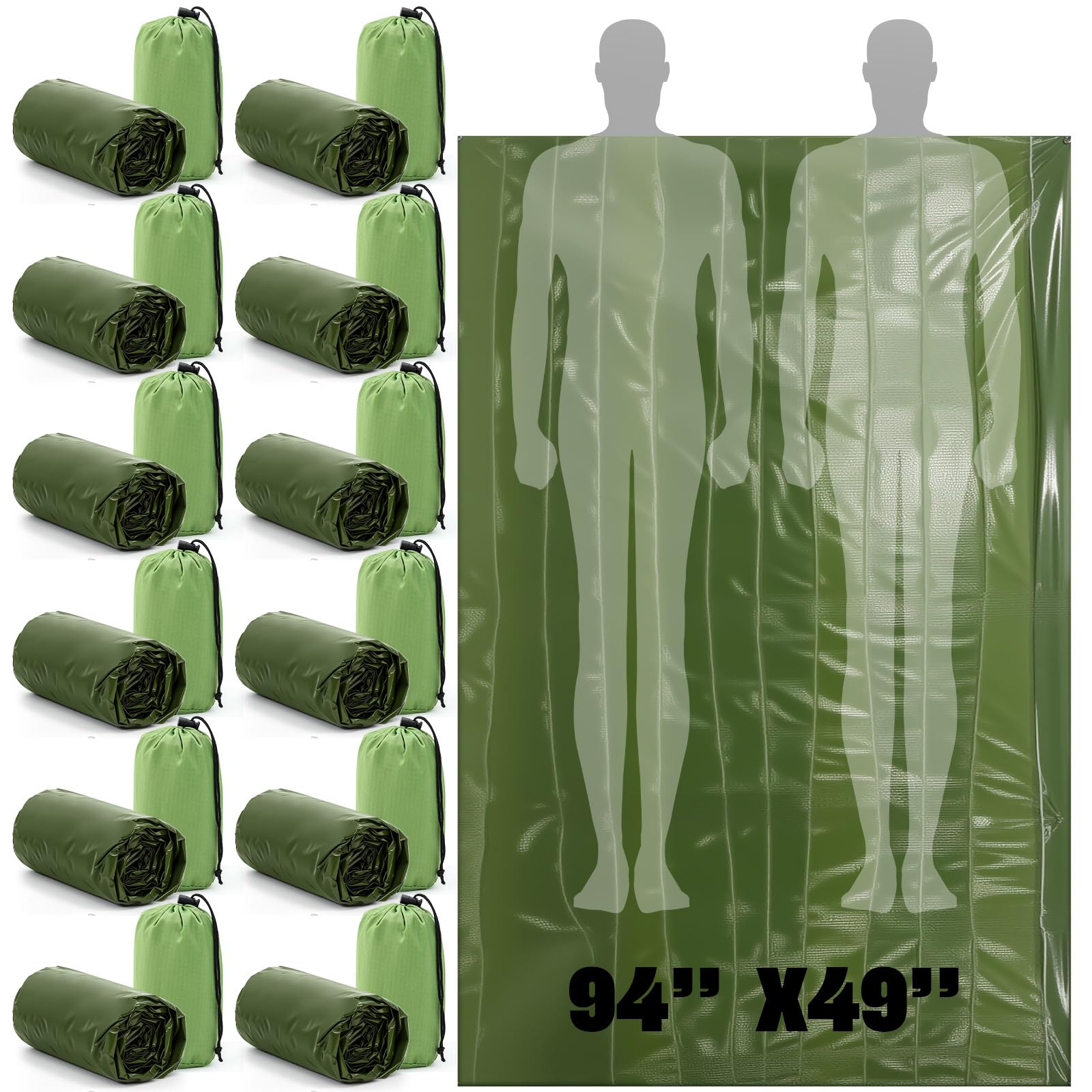 Mixweer Notfall-Schlafsack, tragbar, Überlebens-Thermo-Bivy-Sack, leicht, Notfall-Unterschlupf für Obdachlose, wasserdicht, für Camping, Wandern, Abenteuer, Outdoor, Grün, 12 Stück