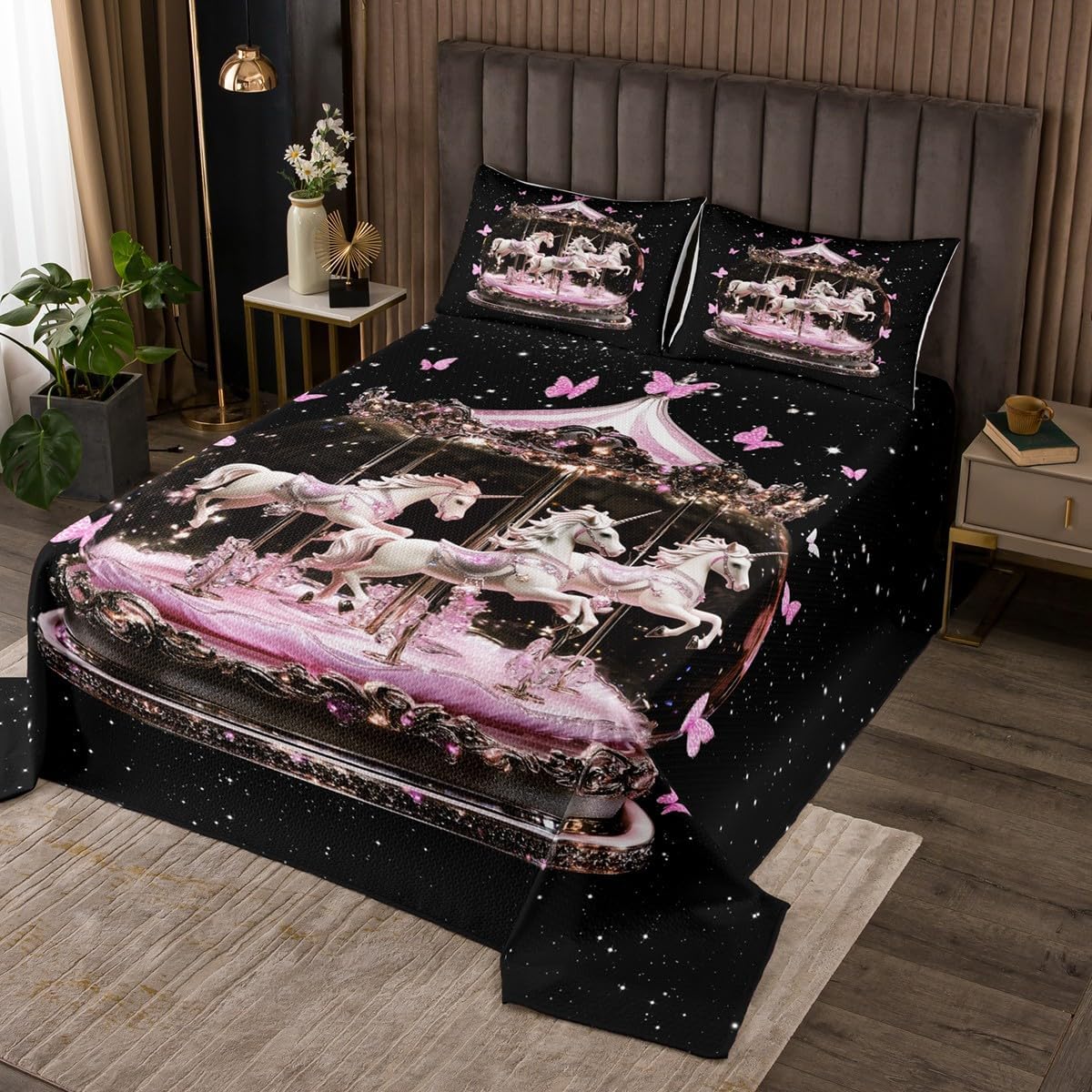 Carousel Bedding Set King Size,Dreamy Unicorn Animals Bedspread 3Pcs for Kids Girls Boys Teens Room Decor,Pink Butterfly Comforter Set Dreamy Princess Girly Quilt Coverlet,2 Pillowcases