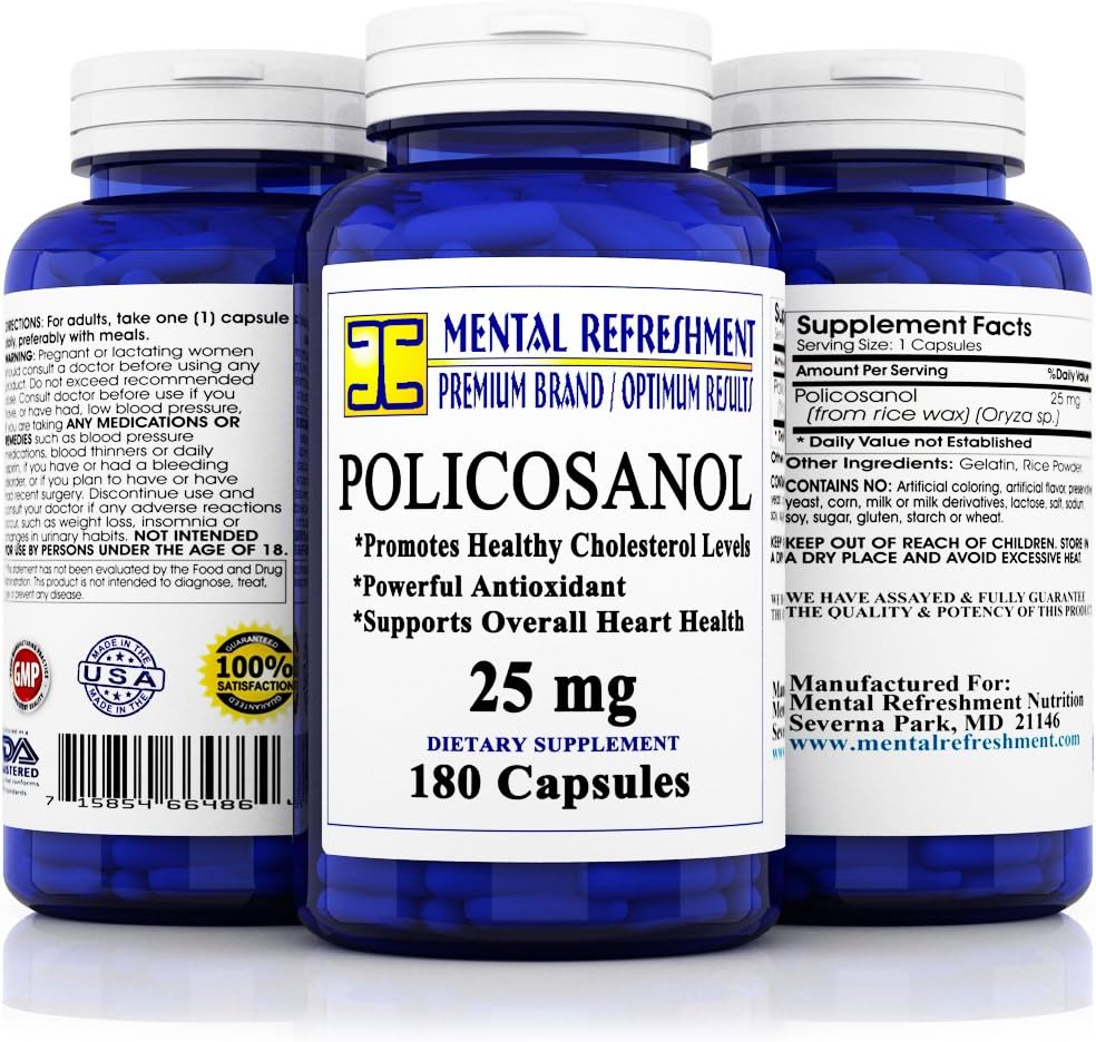 Mental Refreshment: Pure Policosanol - 25mg 180 Capsules - Supports Cardiovascular Health, Hypoallergenic Supplement