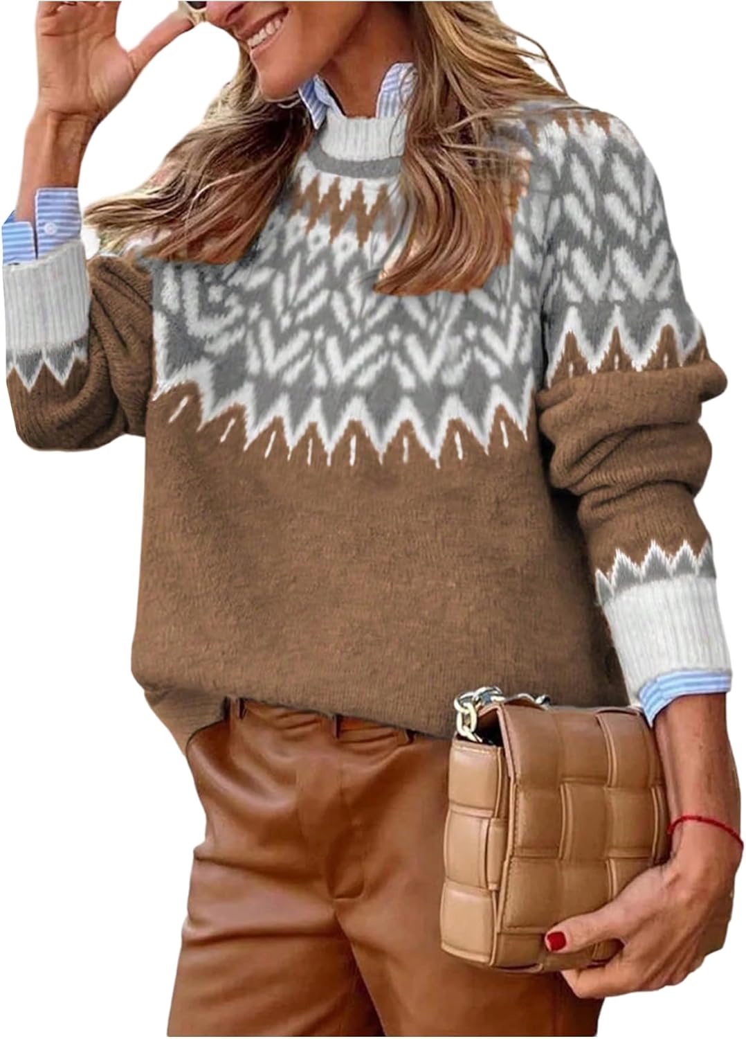 GORGLITTER Women's Color Block Cozy Cute Fall Sweaters Trendy Chevron Long Sleeve Turtleneck Chunky Cable Knit Sweater