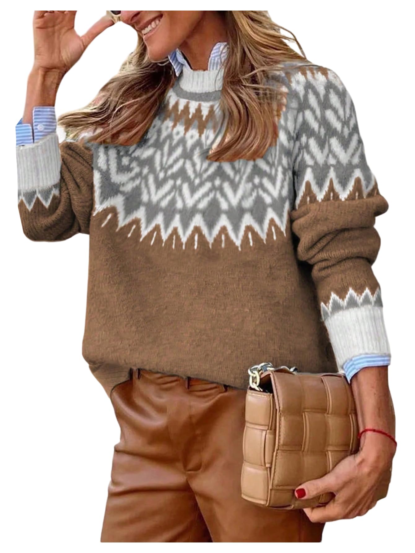 GORGLITTER Womens Color Block Cozy Cute Fall Sweaters Trendy Chevron Long Sleeve Turtleneck Chunky Cable Knit Sweater