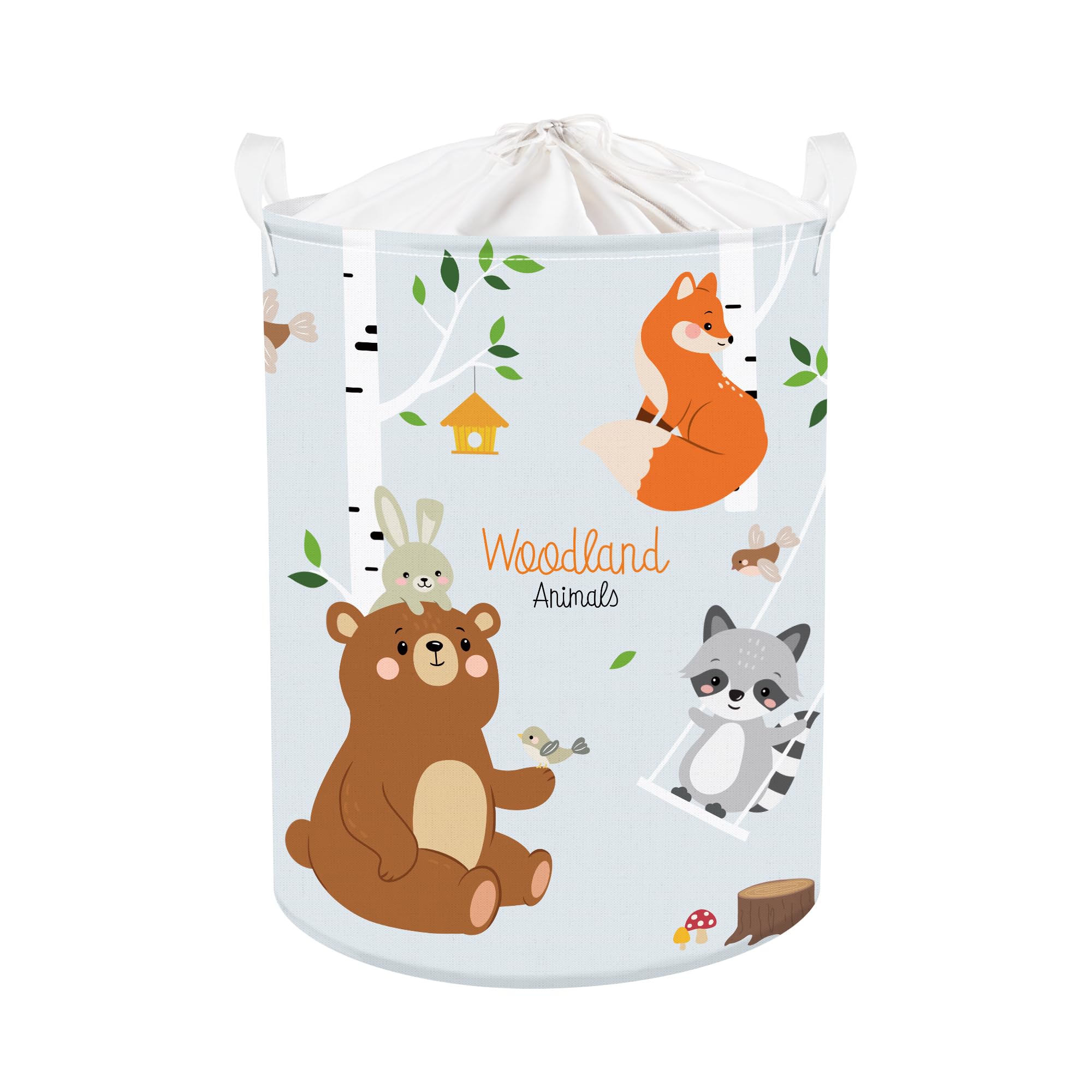 Clastyle 45L Birkenwald Tiere Füchse Bär Waschbär Kinder Wäschekorb Blau Reh Rund Kleidung Spielzeug Aufbewahrungskorb für Kinderzimmer, 36x45 cm