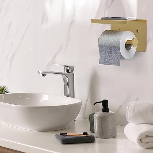 Miniatura 5 de Soporte de papel higiénico de latón cepillado con estante, acabado dorado, acero inoxidable SUS304, autoadhesivo o montado en la pared, soporte para