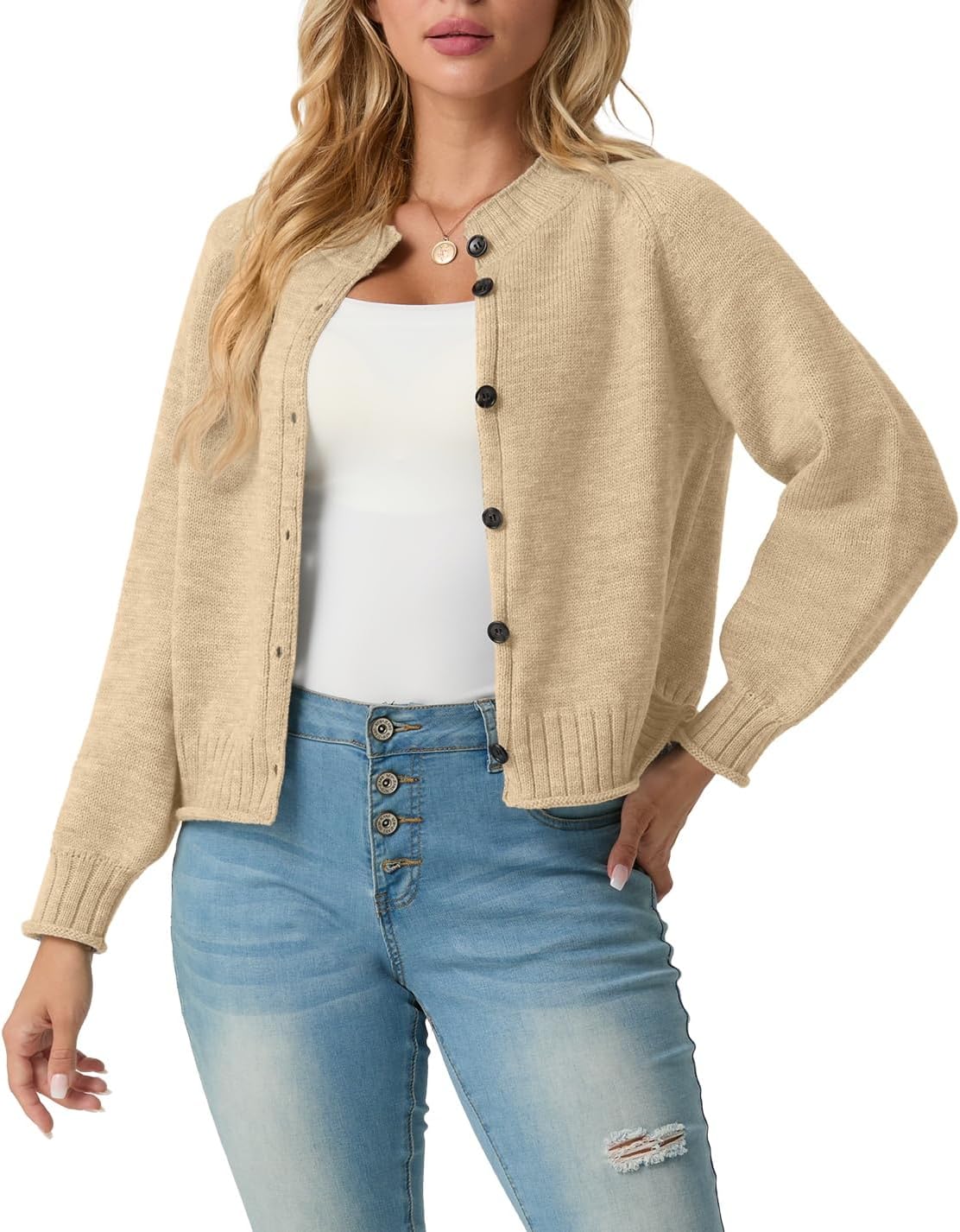 GRECERELLE Women's Open Front Cardigan Sweater, Long Sleeve Crew Neck Button Down Knit Casual Lightweight Cozy, Apricot, Size L - Image 4