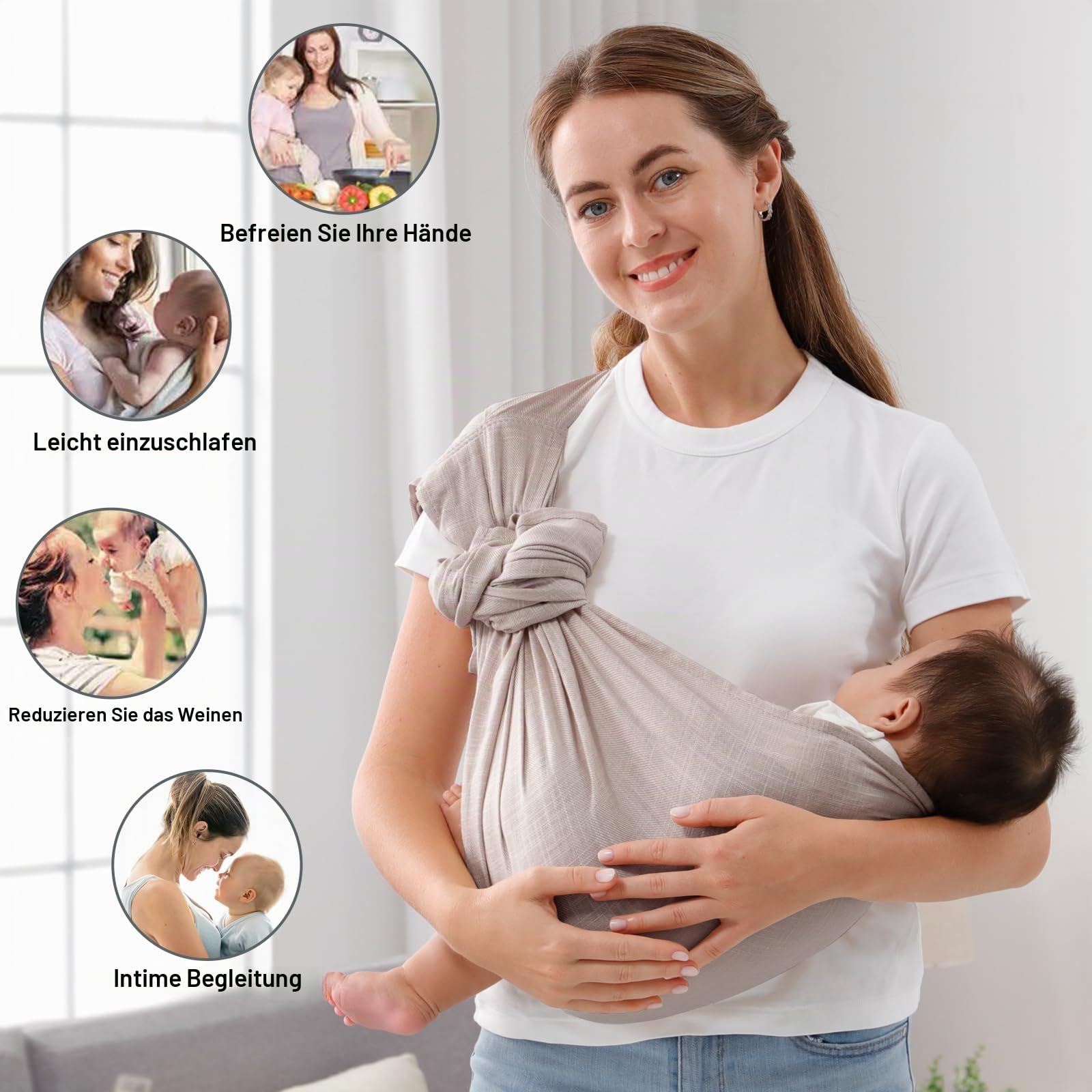 Babytragetuch für Neugeborene bis Kleinkinder, verstellbare atmungsaktive Musselin-Doppelring-Sling-Wraps, Sling Holder Carrier Schal, ideales Baby-Geschenk für frischgebackene Eltern (Grau)