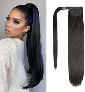وصلة شعر طويلة مستقيمة لصنع تصفيفة ذيل الحصان من هير كيوب، شعر صناعي اسود 24 بوصة بمشبك ولاصق سحري تلف حول الشعر مناسبة للنساء