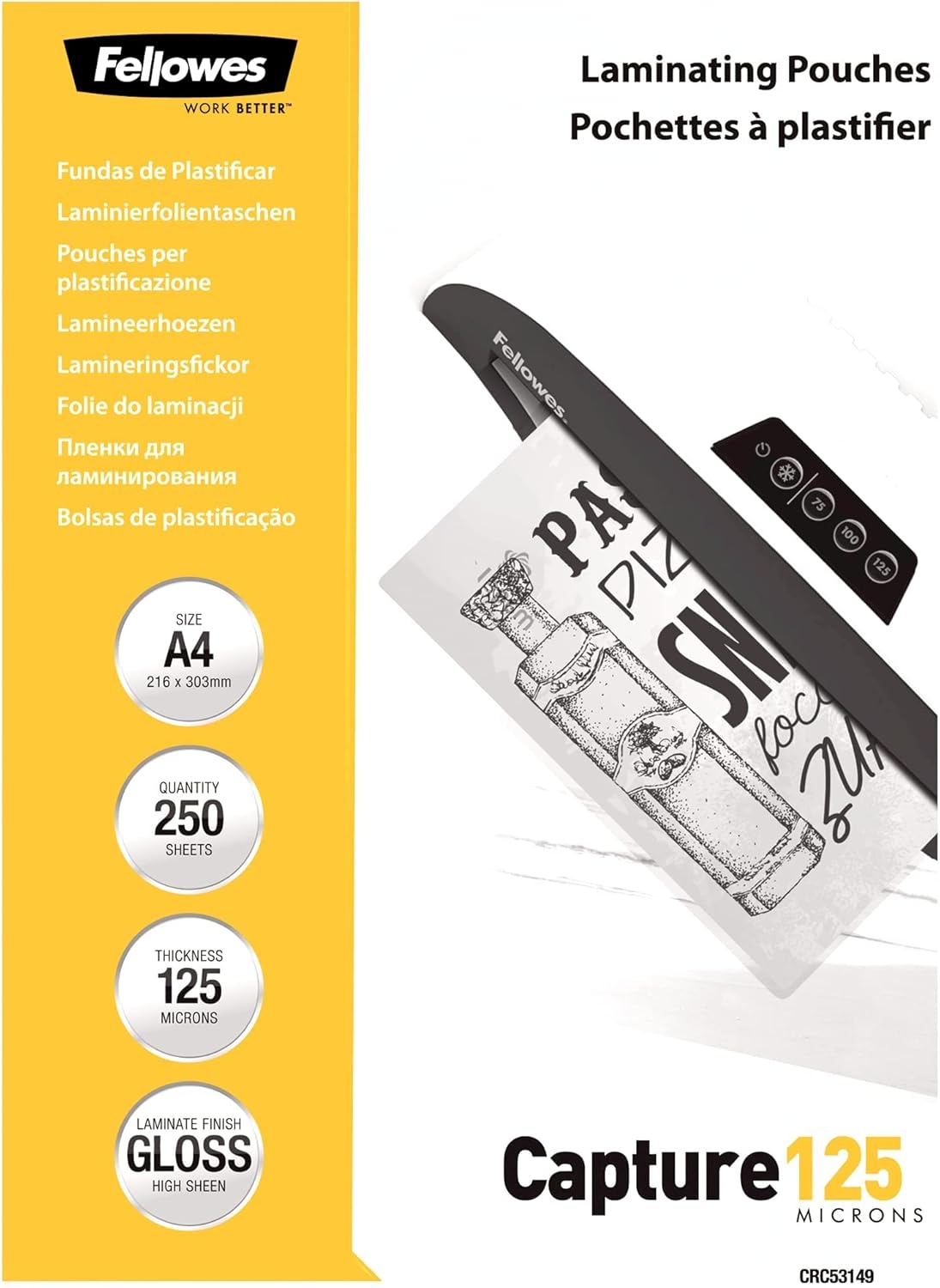 Fellowes Laminating Pouches A4 125 Micron Pack of 250, Glossy Finish, Ideal for Photos, Posters, Certificates