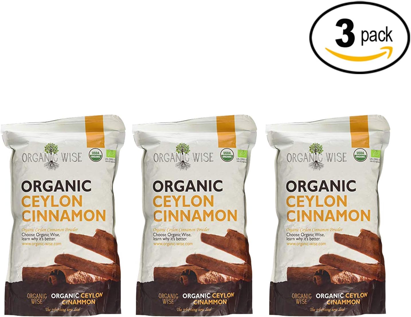 Organic Wise Ceylon Cinnamon Ground Powder, 1 lb-From a USDA Certified Organic Farm and Packed In The USA- 3 Pack Bundle