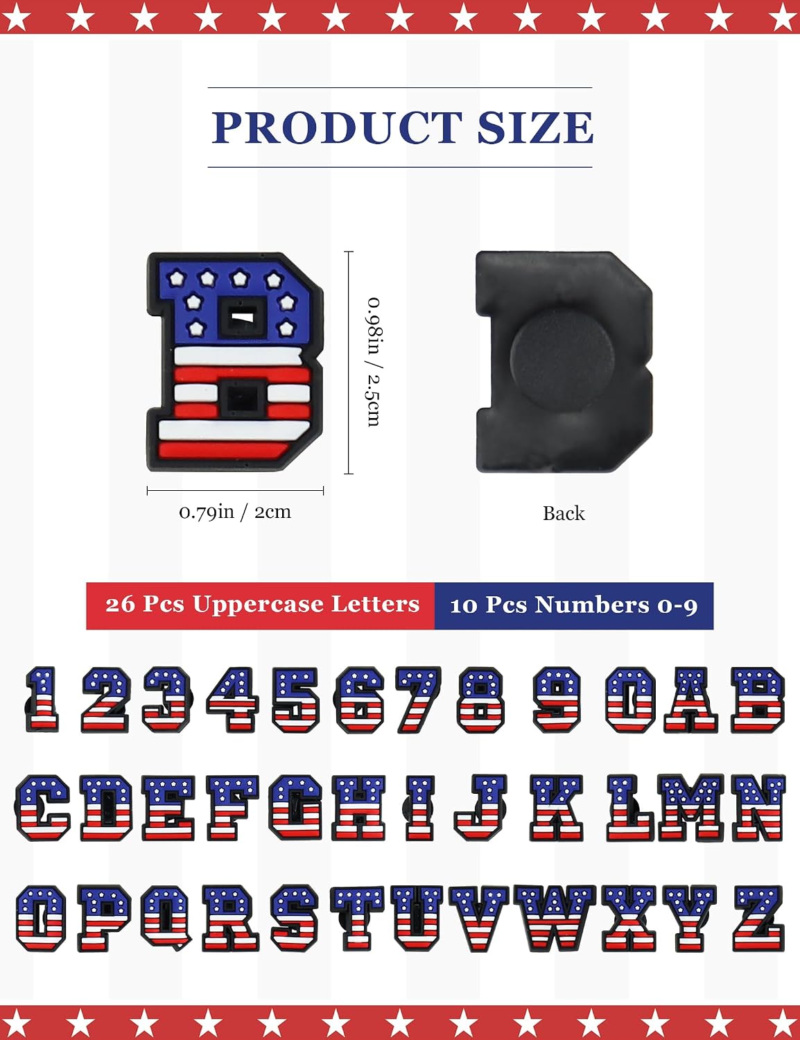 36PCS American Flag Letters Numbers Shoe Charms for Decoration, 4th of July Independence Day Alphabet Numbers Symbols Letters for Shoe Accessories