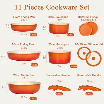 GiPP Pots and Pans Set Non Stick,11PCS Granite Nonstick Cookware Sets with Detachable Handle,Induction Kitchen Set Removable Handle,RV Cookware Set,PFAS PFOA Free,Oven Safe(Orange Gradient,11PCS)