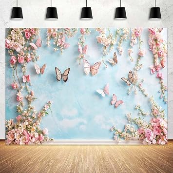 7 x 5 ft Pink Butterfly Birthday Backdrop for Photography Floral Wonderland Blue Photo Background Baby Shower Wedding Wall Decors Girl Women Party Newborn Girls Princess Portrait Photobooth Props
