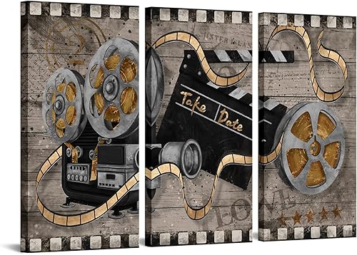 RnnJoile Decoración de pared de cine rústico de 3 piezas para proyector de películas, carretes de película para pintura vintage para el hogar,