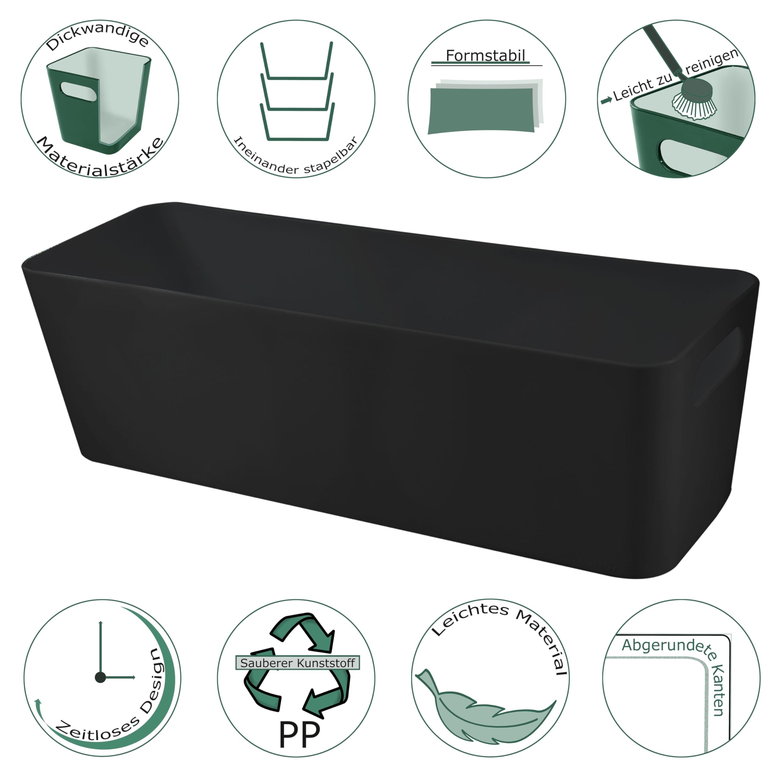 #11 3X Ordnungsbox - 10 cm hoch - schwarz - 30x10x10cm - 2 Liter - Ordnungskorb - Wandregal - Schubladenorganizer - schmaler Korb - Badezimmer