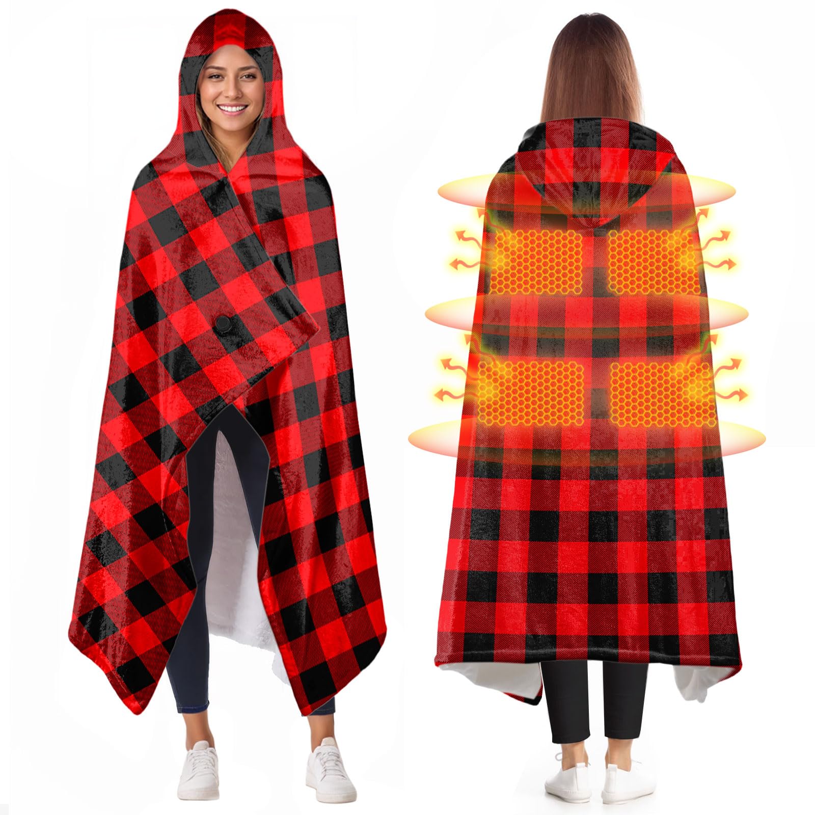 Type-C Heated Hoodie Throw Blanket Gift for Women – USB 9V 18W Red black plaid Print Wea...