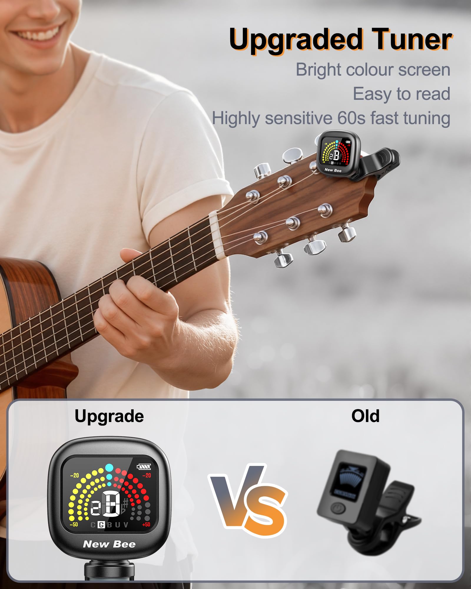 New bee Lot de 2 accordeurs de guitare rechargeables, rotatifs à 360° avec écran couleur, accordage chromatique rapide et précis pour guitare, basse, ukulélé, violon, violoncelle