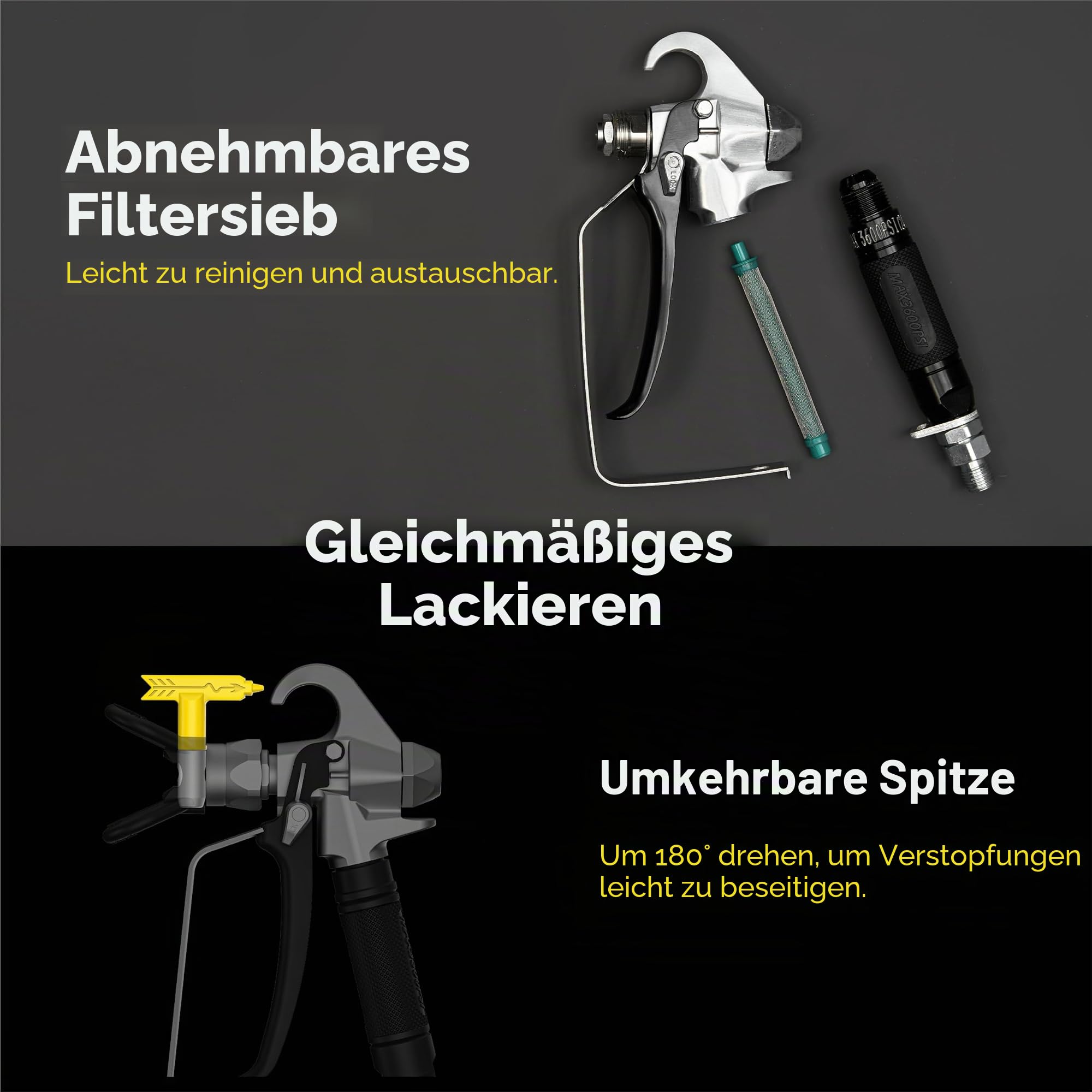InoKraft Airless-Farbspritzpistole Hochdruck 3600 PSI mit umkehrbarer Düsenspitze Drehgelenk für Airless-Farbspritzgeräte MaXpray M1 & M3, Farbspritzgerät Zubehör