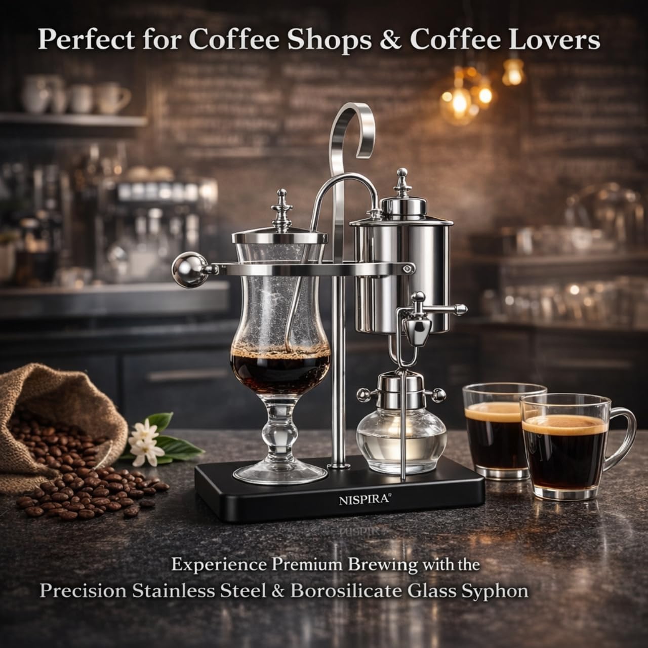Nispira Belgian Balance Syphon Vacuum Coffee Maker, 500 ml Vintage Gravity Brewing System, Silver Finish, Manual Tabletop Coffee Brewer