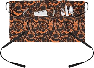 OComster Hand Drawn Halloween Pumpkin Castle Filling Waist Server Aprons, Shabby Orange Black Half Waiter Waitress Apron