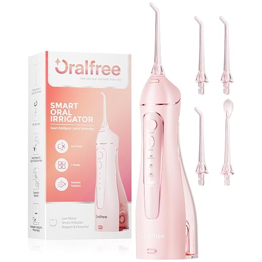 Water Dental flosser for Teeth Cleaning - Oralfree Braces Care, Cordless Portable Rechargeable Oral Irrigator 4 Modes 5 Tips IPX7 Waterproof Powerful Battery Water Teeth Cleaner Pick for Home Travel