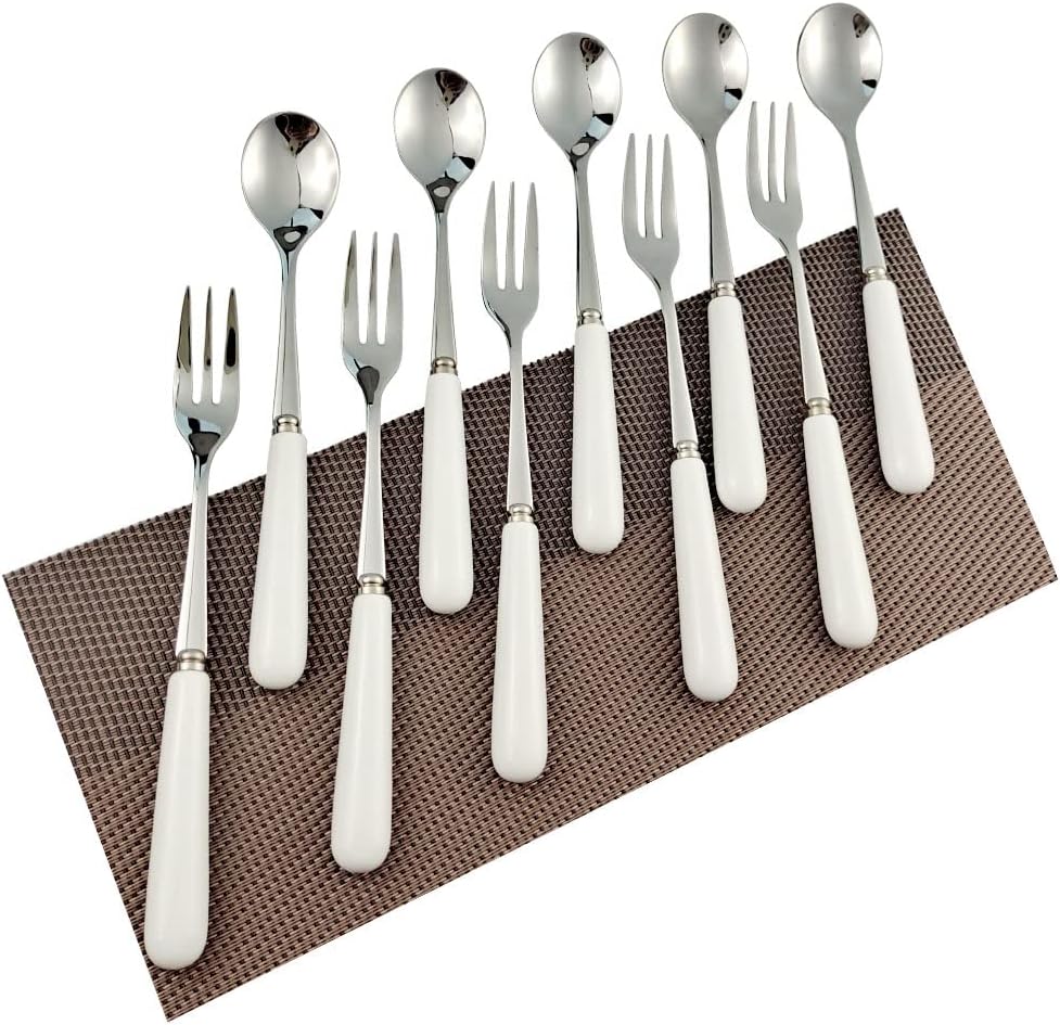Fine mirror finish Stainless Steel 5 teaspoons and 5 Dessert fork(10PCI) Exquisite Ceramics Handle High grade fine edging Mixing Spoon Sugar spoon