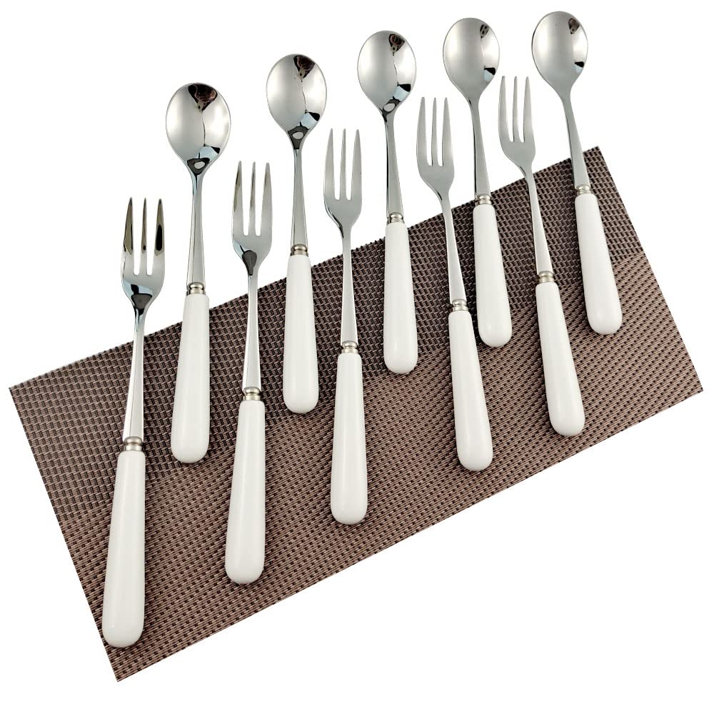 Fine mirror finish Stainless Steel 5 teaspoons and 5 Dessert fork(10PCI) Exquisite Ceramics Handle High grade fine edging Mixing Spoon Sugar spoon