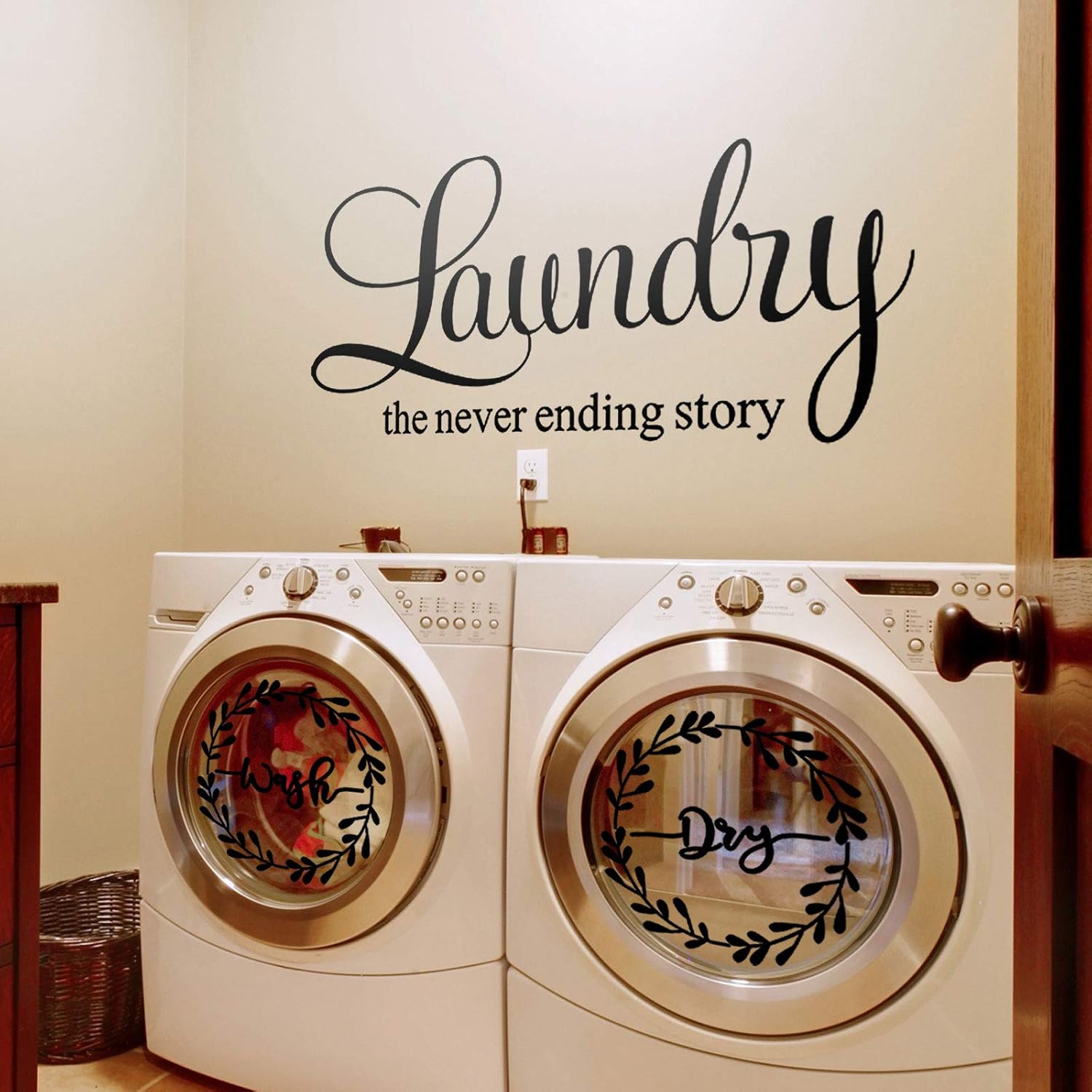 Zonon 3 Pieces Laundry Room Vinyl Wall Decal - Wash Dry Laundry Stickers - the Never Ending Story Wall Decor - Washing Machine Quote Art Stickers for Home Apartment(Black Printing)