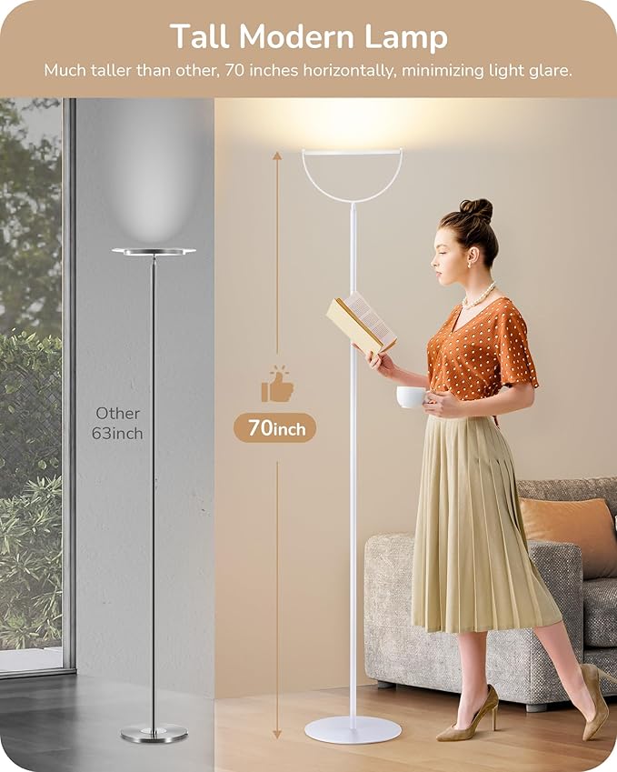 EDISHINE EDISHINE 76" Tall Floor Lamp, 28W 2500LM Bright LED Lights for Living Room, 300° Flexible Head Modern Torchiere Corner Lamps with Remote, 2700K-6500K Dimmable Standing Lamps for Bedroom, Office, White photo 3