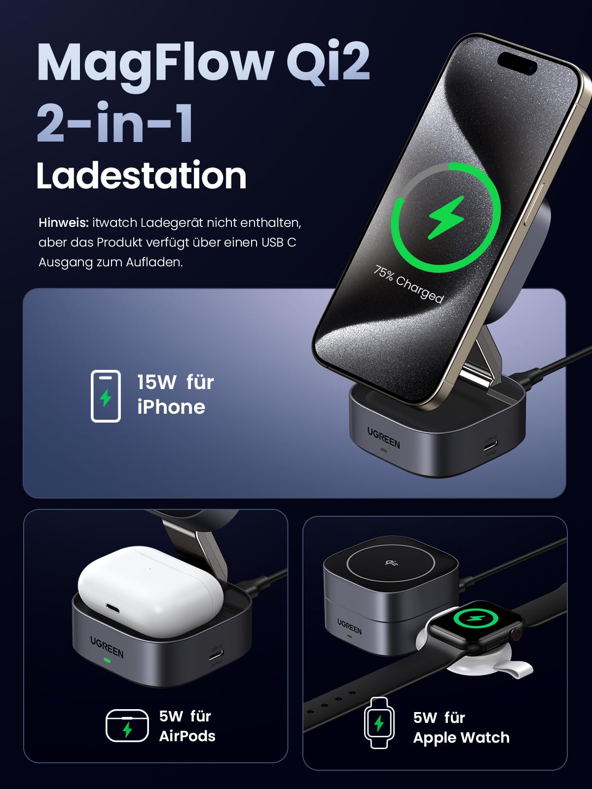 UGREEN MagFlow Qi2 15W 2-in-1 iPhone Faltbare Ladestation mit Magsafe | Wireless Charger, mit 1m Kabel, kompatibel mit iPhone 17/16/15/14/13/12, Airpods, Winkel-Einstellbarer Ladeständer