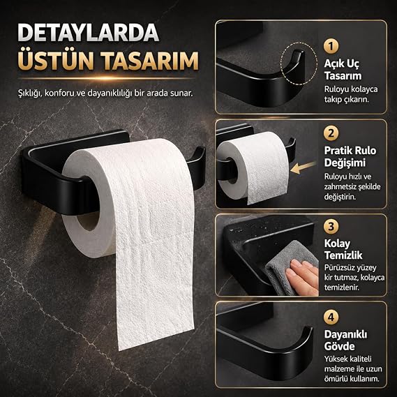 Alper Banyo Siyah Lamalı Tuvalet Kağıtlığı, Hem Yapışkanlı Hem Vidalı Montajlı WC Kağıt Askılığı, Açık Uç Tasarımlı Banyo Tuvalet Kağıdı Tutucu, Mat Siyah Modern Kağıtlık