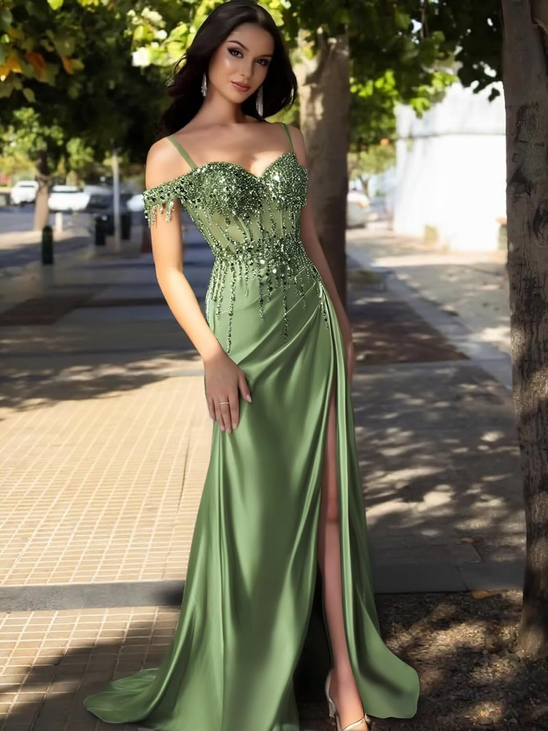 Off Shoulder Mermaid Prom Dresses Satin Corset Evening Gown Sequin Beaded Formal Dress with Slit