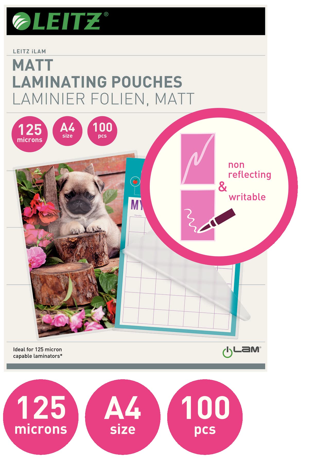 Leitz Estuche laminado de calidad, A4, paquete de 100, transparente (mate estándar)